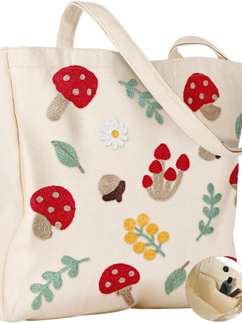 Embroidery Tote Bag with Pocket & Buckle - Reusable Canvas Tote for Women Cute A - Picture 1 of 6